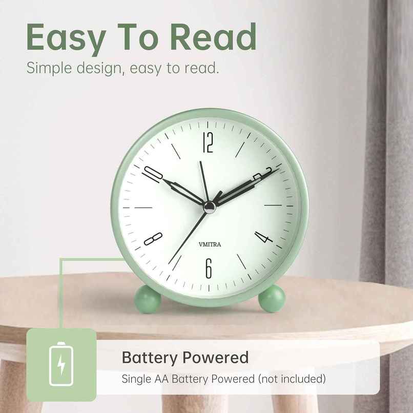 Perpetual Plastic Analog Alarm Clock | Super Silent Non Ticking Small Clock | Light Green - 4 in