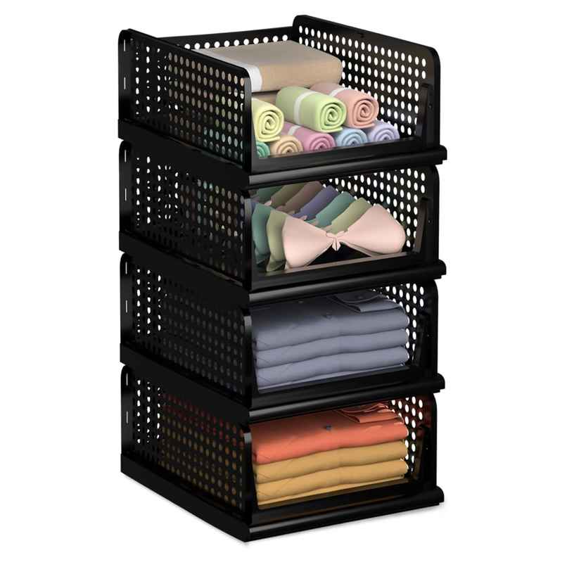 Kuber Industries Pack of 4 Large Storage Organizer For Clothes|Closet Storage Basket|Black Kuber Industries Pack of 4 Large Storage Organizer For Clothes|Closet Storage Basket|Black