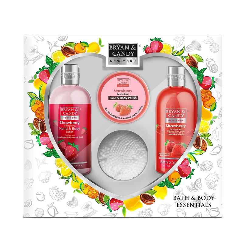 Bryan & Candy Strawberry Heart Kit Combo|Shower Gel|Hand-Body Lotion|Body Polish|Loofah|Pack Of 3