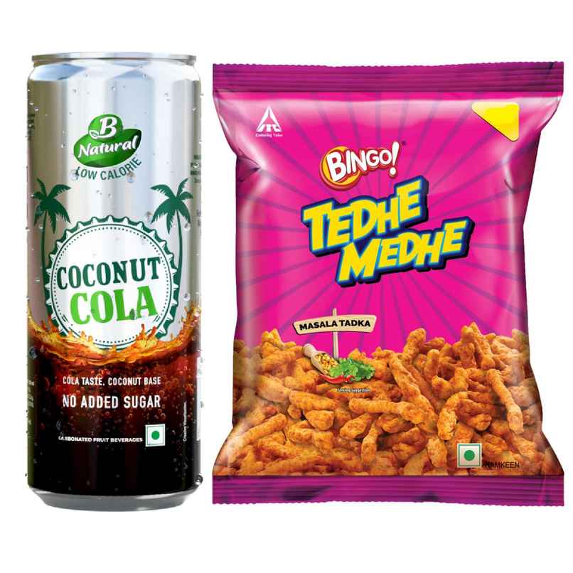 B Natural Coco Nut Cola (250ml) & Bingo! Tedhe Medhe | Masala Tadka (75g) Combo B Natural Coco Nut Cola (250ml) & Bingo! Tedhe Medhe | Masala Tadka (75g) Combo