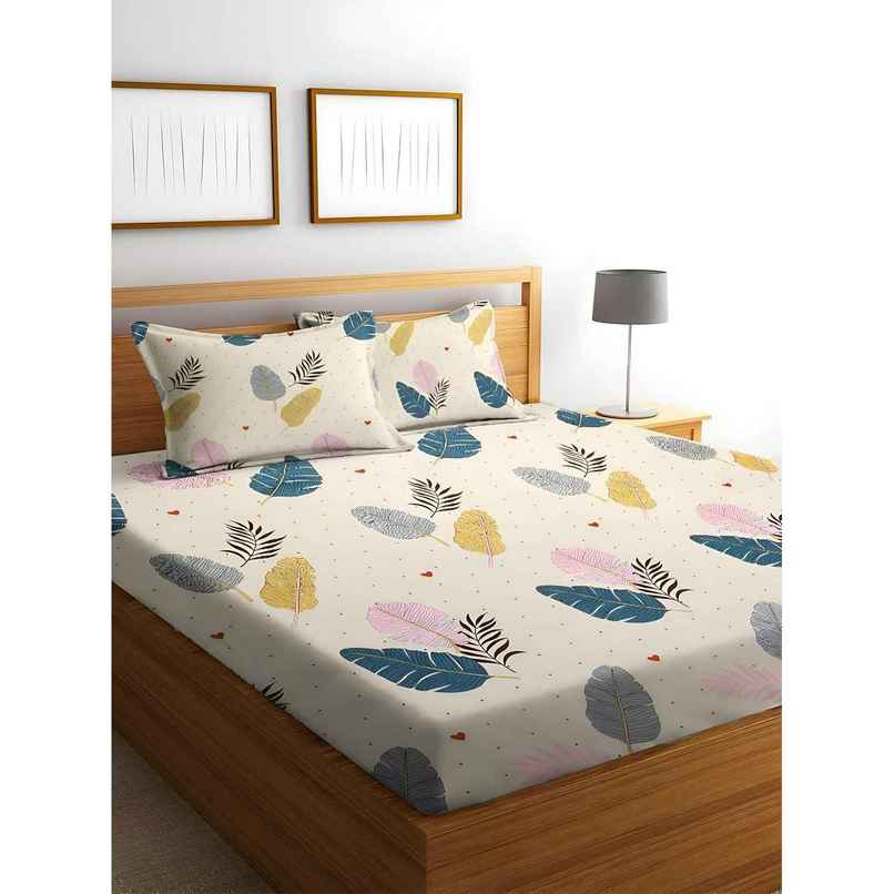 Swadeshi Style Elastic Fitted Double Cotton Bedsheet | With 2 Pillow Covers | White Floral, 87x96in
