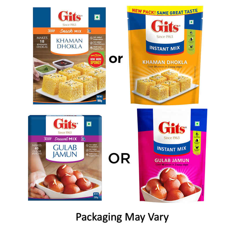 Gits Gulab Jamun Instant Dessert Mix (200g) & Gits Khaman Dhokla Instant Snack Mix (180g) Combo