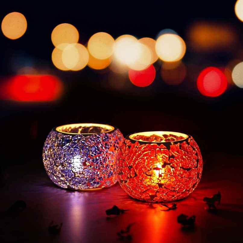 eCraftIndia Purple & Red Set of 2 Mosiac Glass Decorative Tea Light Holder/diya eCraftIndia Purple & Red Set of 2 Mosiac Glass Decorative Tea Light Holder/diya