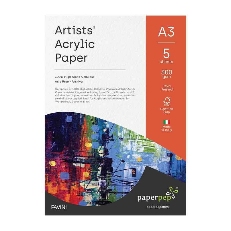 PaperPep Artists' Acrylic Paint Paper 300GSM Cold Pressed A3 Pack of 5
