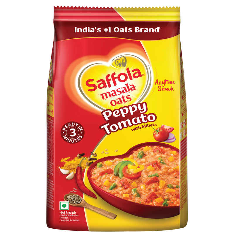 Saffola Masala Oats | Peppy Tomato | Anytime Snack | Ready in 3 mins | Millets Goodness |500g Saffola Masala Oats | Peppy Tomato | Anytime Snack | Ready in 3 mins | Millets Goodness |500g