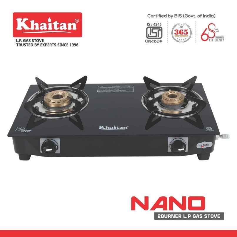 Khaitan 2 Burner Nano Premium Toughened Glass | LPG Cooktop I Manual Ignition Stove | Black Khaitan 2 Burner Nano Premium Toughened Glass | LPG Cooktop I Manual Ignition Stove | Black
