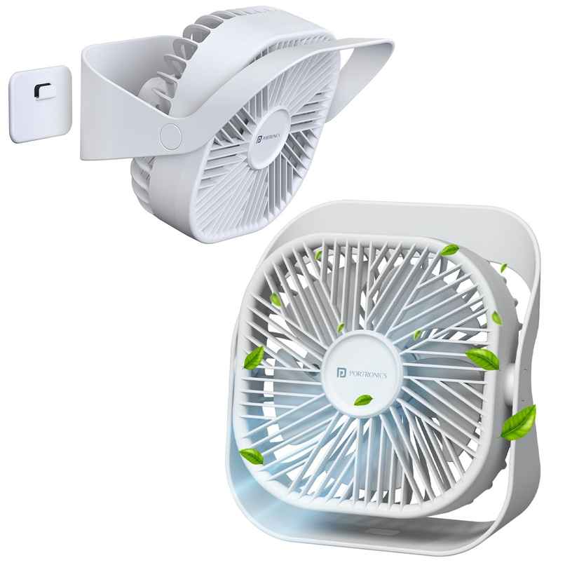 Portronics CoolCube Mini 2-in-1 Desktop & Wall Fan with 2000 mAh Battery | Type-C Charging | White