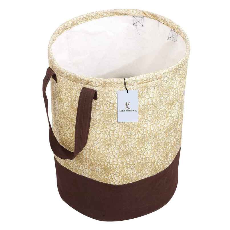 Kuber Industries Canvas 45 Liter Metalic Printed Waterproof Laundry Bag/Hamper With Handles|Brown