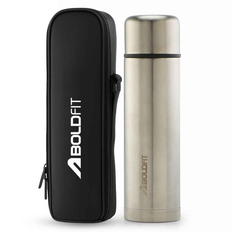 Boldfit Silver Thermosteel Water Bottle | Hot & Cold Flask with Carry Bag for Travel | 1 L