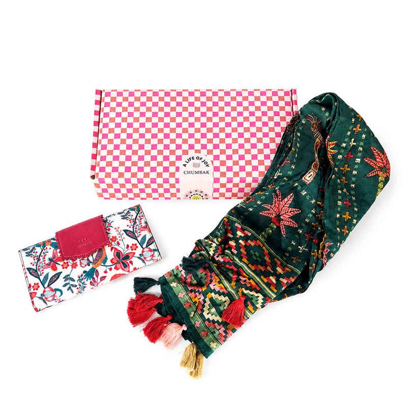 Teal By Chumbak Rakhi Combo | Bahaar long wallet + Palm Killim Scarf | Comes in a Gift Box Teal By Chumbak Rakhi Combo | Bahaar long wallet + Palm Killim Scarf | Comes in a Gift Box