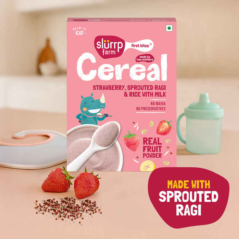 Slurrp Farm First Bites Strawberry Sprouted Ragi and Rice Cereal with Milk Slurrp Farm First Bites Strawberry Sprouted Ragi and Rice Cereal with Milk