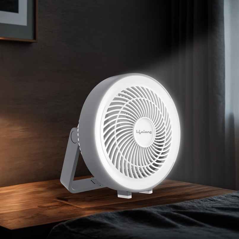Lifelong USB Portable Fan, 150mm, 5-Hr Battery Backup, 3 Speed Settings, LED Lights, Grey & White