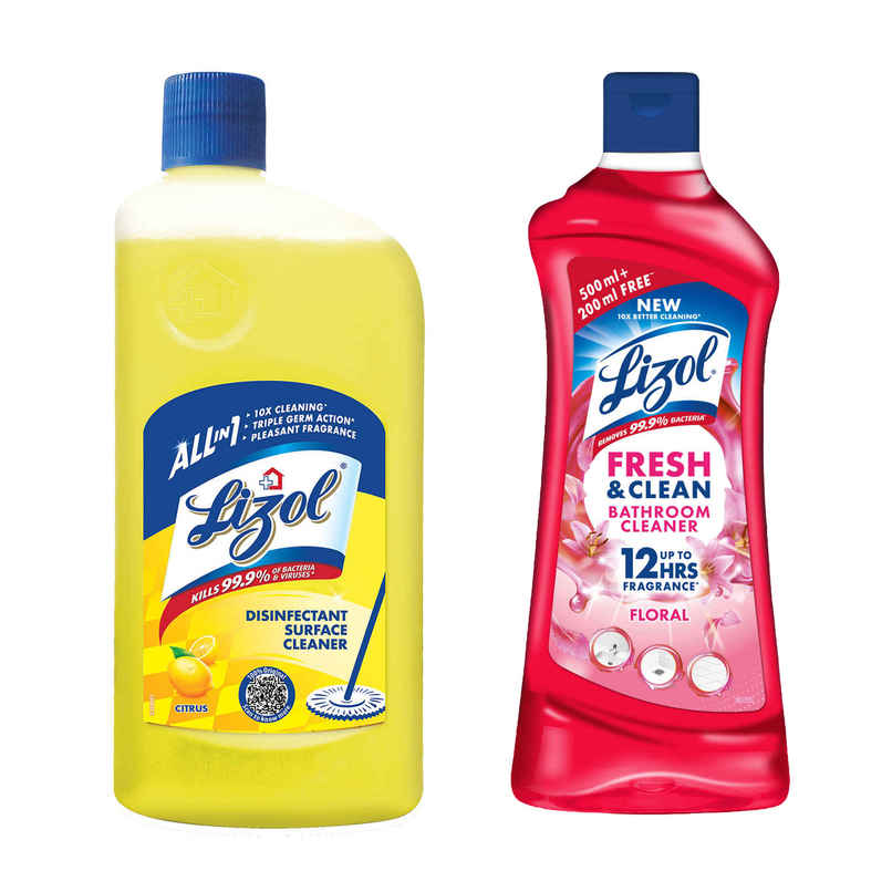 Lizol Citrus Floor Cleaner Liquid (1L) & Lizol Bathroom Cleaner Liquid | Floral (700ml) Combo
