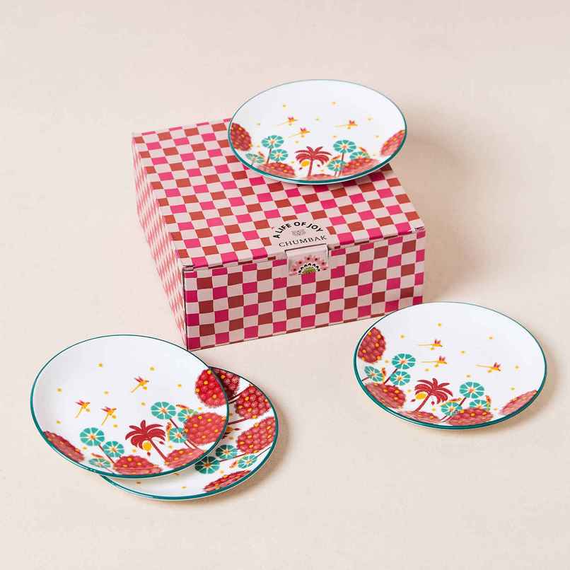 Chumbak Saanjh Snack Ceramic Plates Gift Set | Cream & Red - 7 in Chumbak Saanjh Snack Ceramic Plates Gift Set | Cream & Red - 7 in
