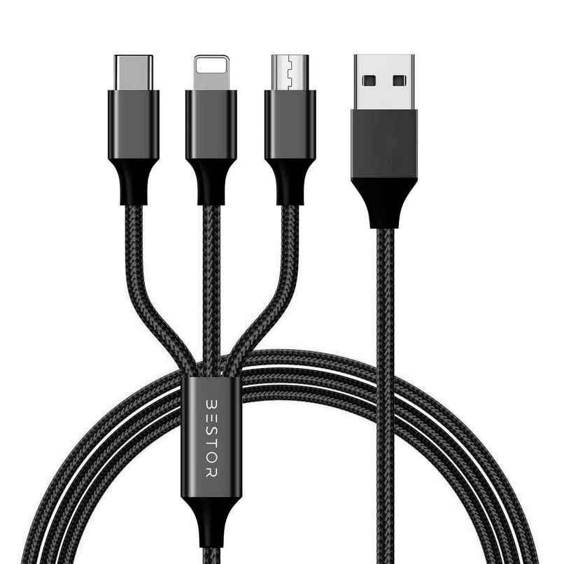 Bestor 3-in-1 Multi Charging Cable - Nylon Braided Fast Charging Cable for Android, iOS, Type-C Devices - Compatible with Smartphones & Tablets - Black