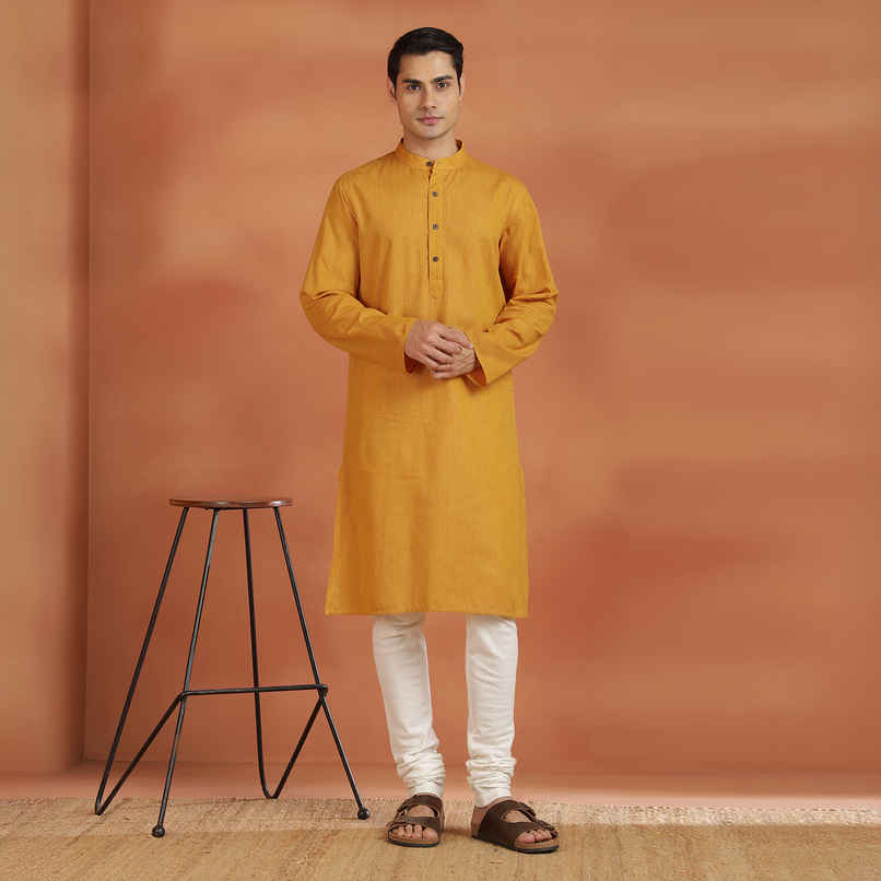 Fabindia Men's Cotton Slim Fit Long Kurta | Yellow - L Fabindia Men's Cotton Slim Fit Long Kurta | Yellow - L