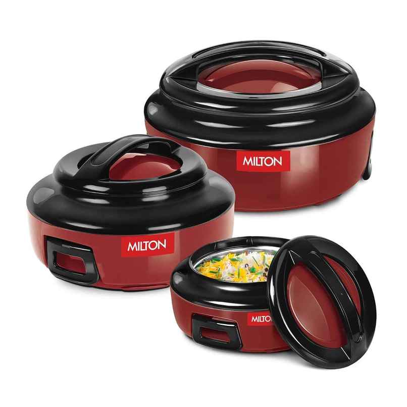 Milton Ernesto Inner Stainless Steel Casserole Set Of 3 | 420 ml, 850 ml, 1.43 Liters | Red Milton Ernesto Inner Stainless Steel Casserole Set Of 3 | 420 ml, 850 ml, 1.43 Liters | Red