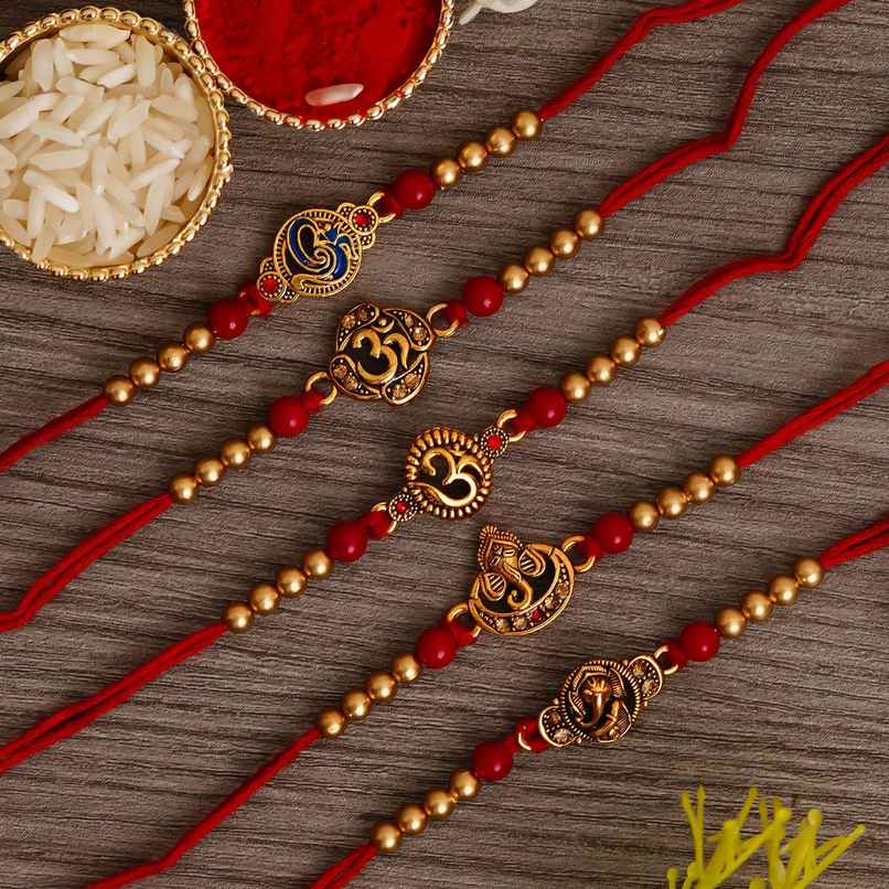 Religious Red & Golden Om Symbol and Lord Ganesha Designer Rakhis & Roli Chawal | Pack of 5 | Ecraftindia