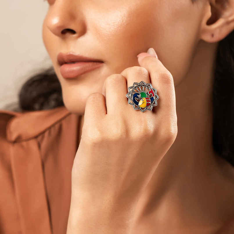Voylla Madhubani Matsya Mayur Oxidised Enamel Ring Voylla Madhubani Matsya Mayur Oxidised Enamel Ring