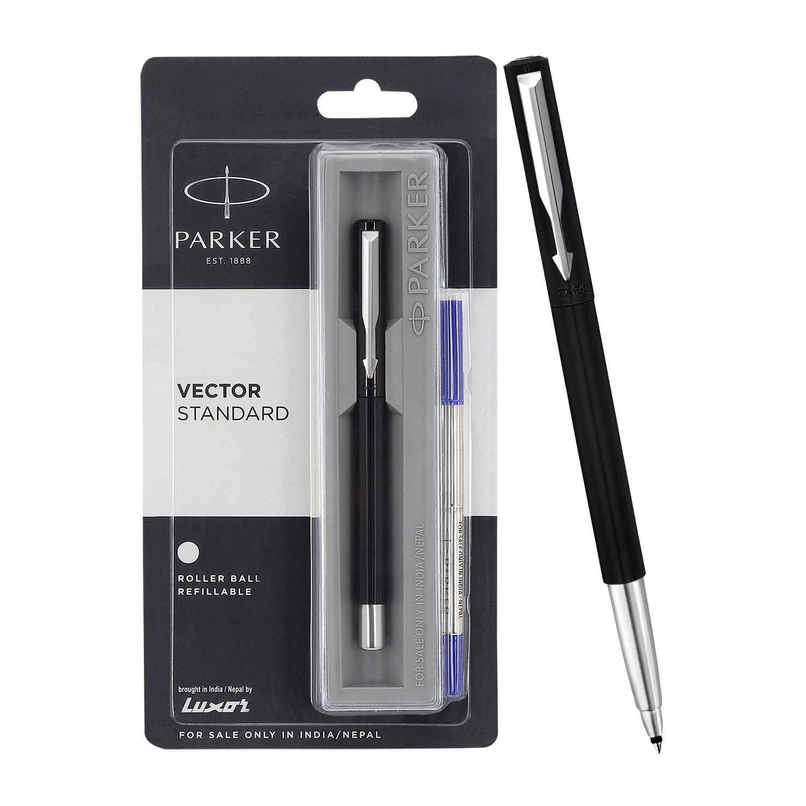 Parker Vector Standard Chrome Trim Black Roller Ball Pen | Blue Ink | Teacher's Writing Companion