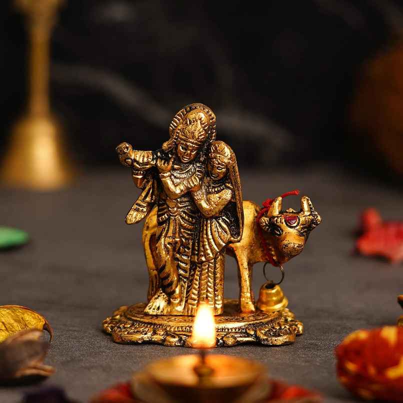 Radha Krishna Idol with Cow | Gold Polish | Chandar