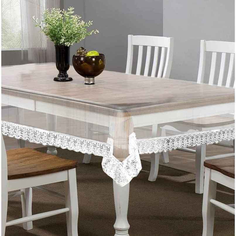 Kuber Industries PVC 45"x70 Inch Transparent 4 Seater Dining Table Cover with White Lace|White Kuber Industries PVC 45"x70 Inch Transparent 4 Seater Dining Table Cover with White Lace|White