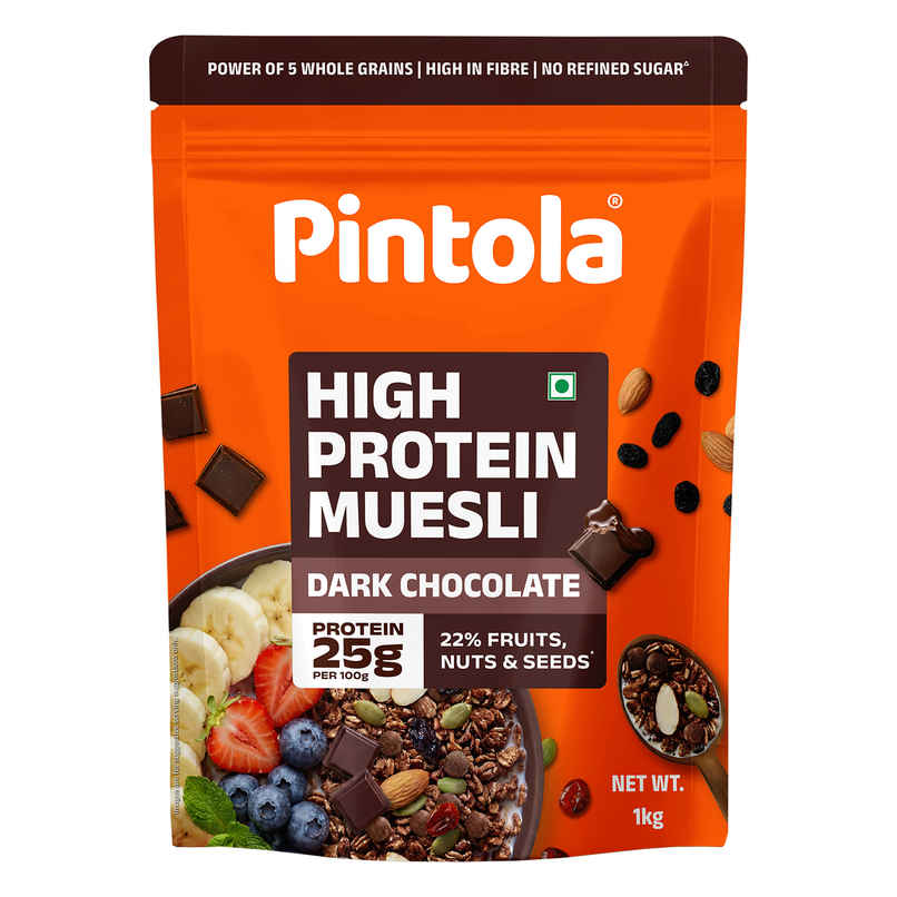 Pintola High Protein Muesli Dark Chocolate & Cranberry, 25 g Protein, High Fibre, Trans Fat Free Pintola High Protein Muesli Dark Chocolate & Cranberry, 25 g Protein, High Fibre, Trans Fat Free