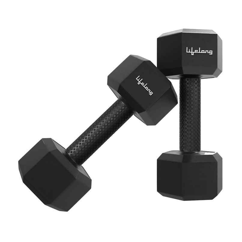 Lifelong Hex PVC Dumbbell Set (2 kg X 2) | Black | Home Gym | Home Workout | Fitness Barbell