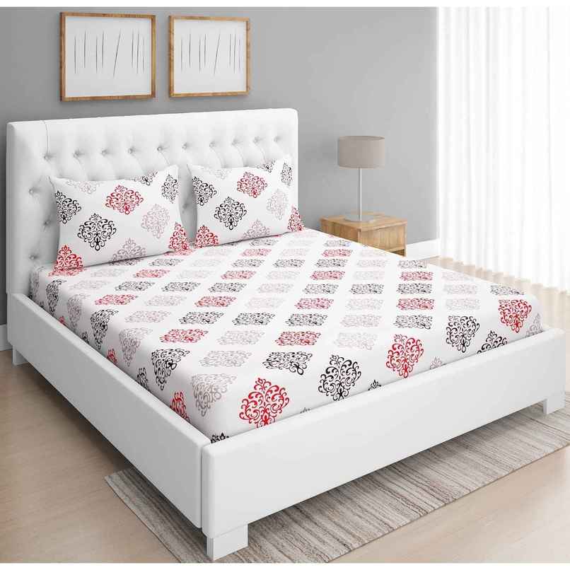 BAY6 Super King 100% Cotton 144 TC Paisley Print Bedsheet | White & Pink | 108 x 108 in