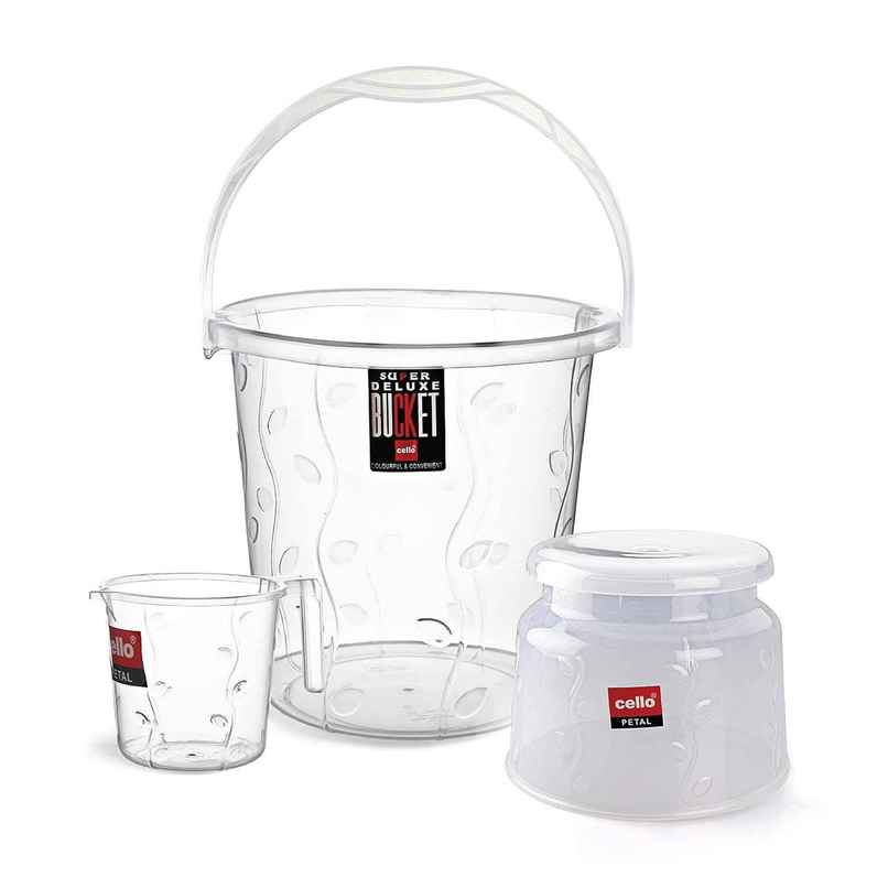 Cello Petal Bathroom Set | Bucket, Bath Mug & Bath Stool | Transparent | Set of 3 Cello Petal Bathroom Set | Bucket, Bath Mug & Bath Stool | Transparent | Set of 3