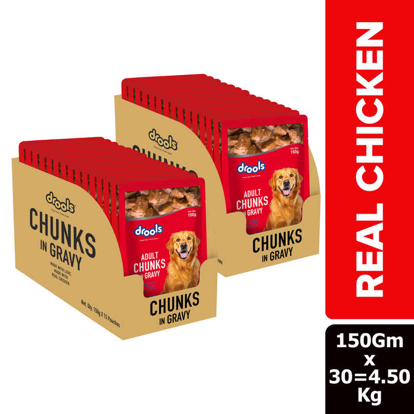 Drools Adult Real Chicken And Chicken Liver Chunks In Gravy (150 gm x 30) Drools Adult Real Chicken And Chicken Liver Chunks In Gravy (150 gm x 30)