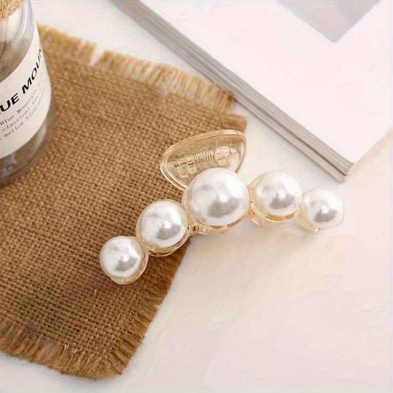 Chronex 1Pc Large Faux Pearl Hair Claw | Chic Acrylic Barrette With Rhinestone Accents | White