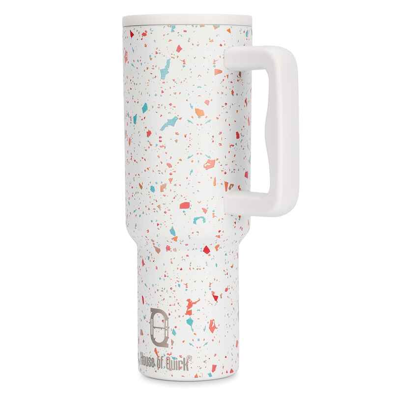 House of Quirk Stainless Steel Tumbler with Handle & Lid, 2 Straws | Cream Paint - 1200 ml