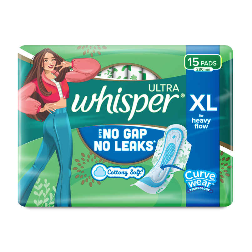 Whisper Ultra Upto No Gap No Leaks Sanitary Pads, 15 XL Pads (Based on P&G Technical Data) Whisper Ultra Upto No Gap No Leaks Sanitary Pads, 15 XL Pads (Based on P&G Technical Data)