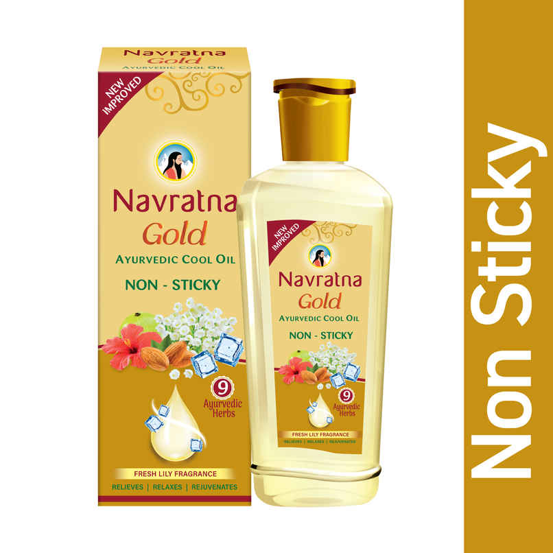 Navratna Gold Ayurvedic Cool Oil | Goodness of Almonds | Non-Sticky and Fresh Lily Fragrance Navratna Gold Ayurvedic Cool Oil | Goodness of Almonds | Non-Sticky and Fresh Lily Fragrance