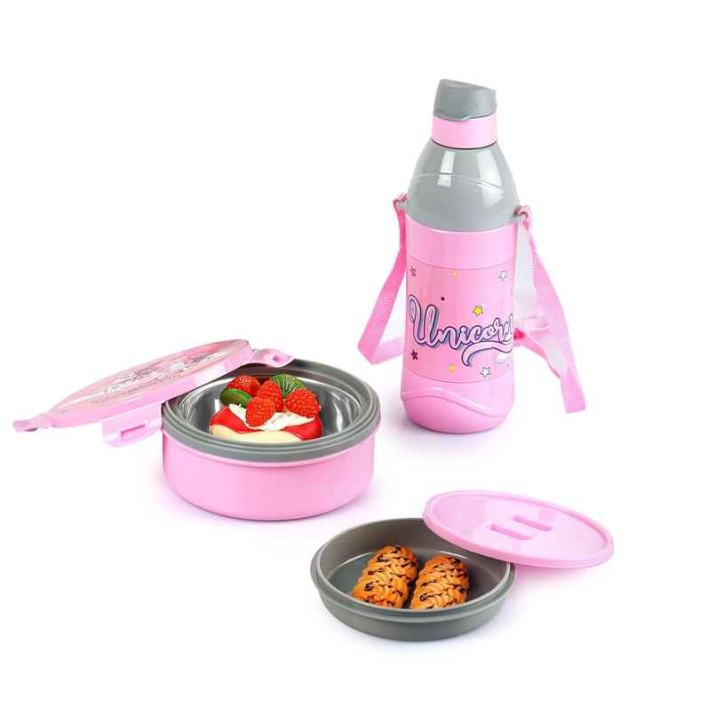 CELLO Tiffy Unicorn Gift Set Insulated Lunch Box & Bottle | Box 460 ml Bottle 400 ml, Pink & Grey