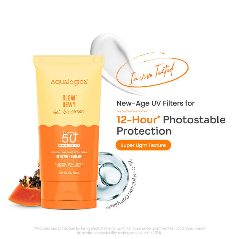 Aqualogica Glow+ Dewy Lightweigh Sunscreen Gel SPF 50+ PA++++ with Papaya & Vitamin C Aqualogica Glow+ Dewy Lightweigh Sunscreen Gel SPF 50+ PA++++ with Papaya & Vitamin C