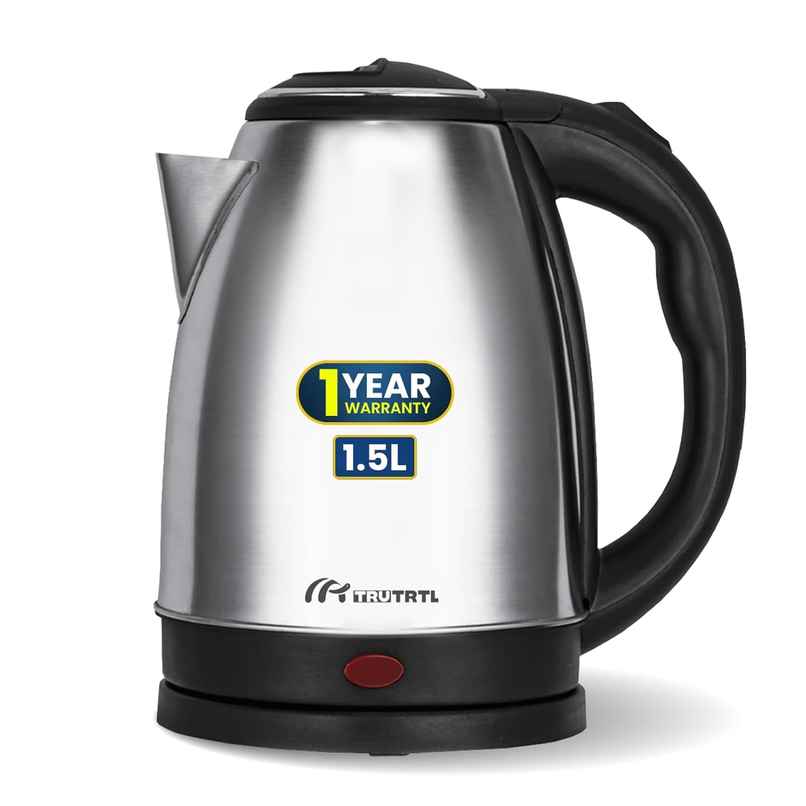 truTRTL 1500W Sizzle Electric Kettle for Boiling & Hot Water, 1.5 Litre, Inner Lid Stainless Steel, 0.26mm thick SS body, Auto cut off - Silver & Black