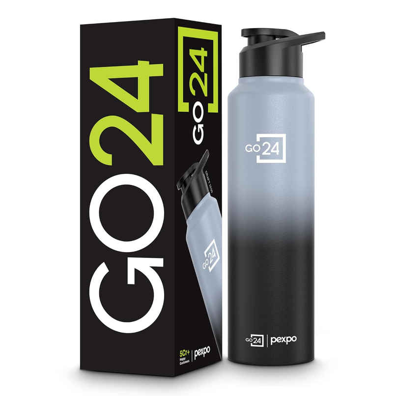 Go24 | Pexpo Craft Pro Stainless Steel Sports | Fridge Water Bottle with Sipper Cap | Grey and Black Ombre Go24 | Pexpo Craft Pro Stainless Steel Sports | Fridge Water Bottle with Sipper Cap | Grey and Black Ombre