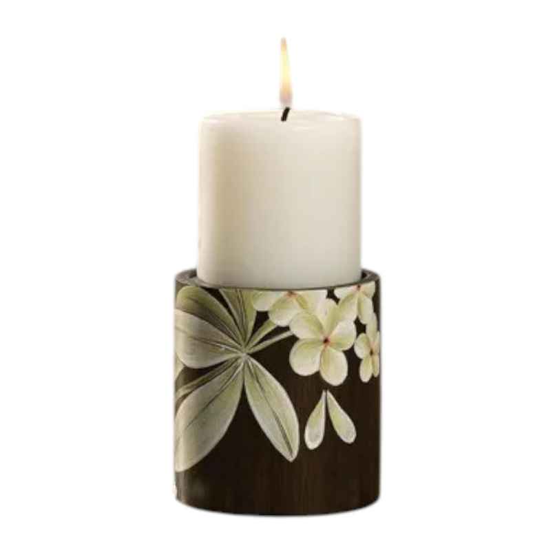 Frangipani Wooden Candle Holder | Small | Wood | Brown and olive green | Ellementry