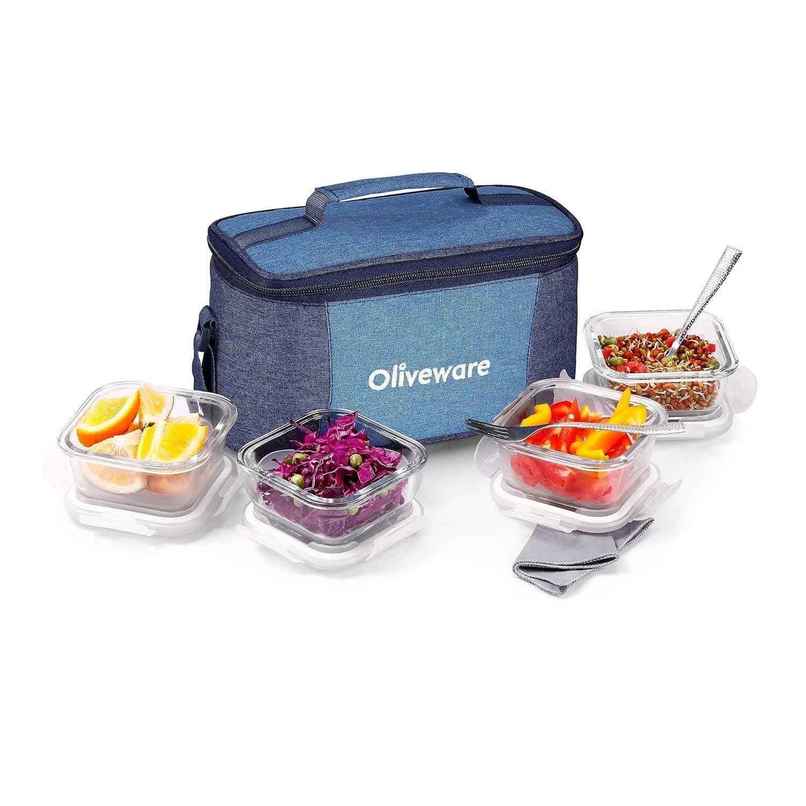 Oliveware Slick Glass Lunch Box, 4 Borosilicate Glass and Microwave Safe Container - Blue Oliveware Slick Glass Lunch Box, 4 Borosilicate Glass and Microwave Safe Container - Blue
