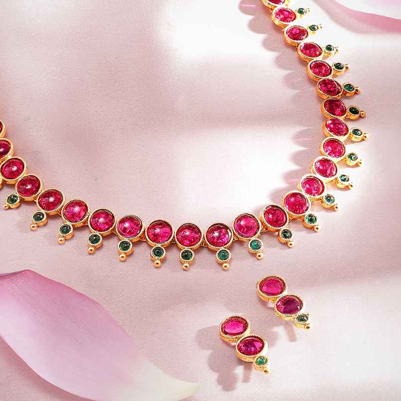 Rubans 22K Gold-Plated Ruby Pink & Emerald Green Studded Necklace & Earring Set