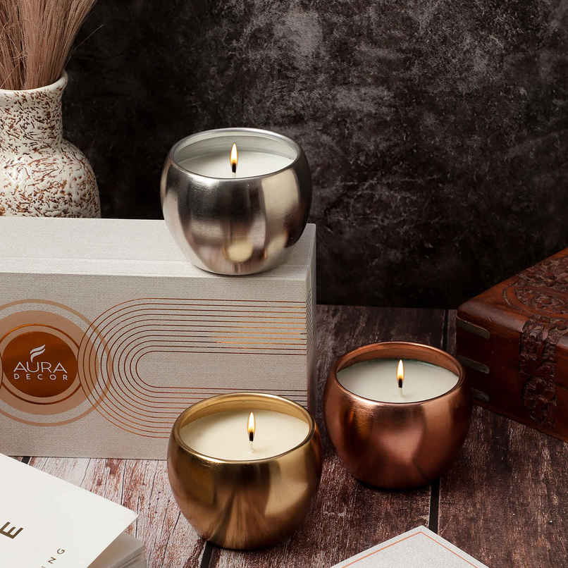Sanskrit Serenity Metallic Candle Set | Pack of 3 | Auradecor