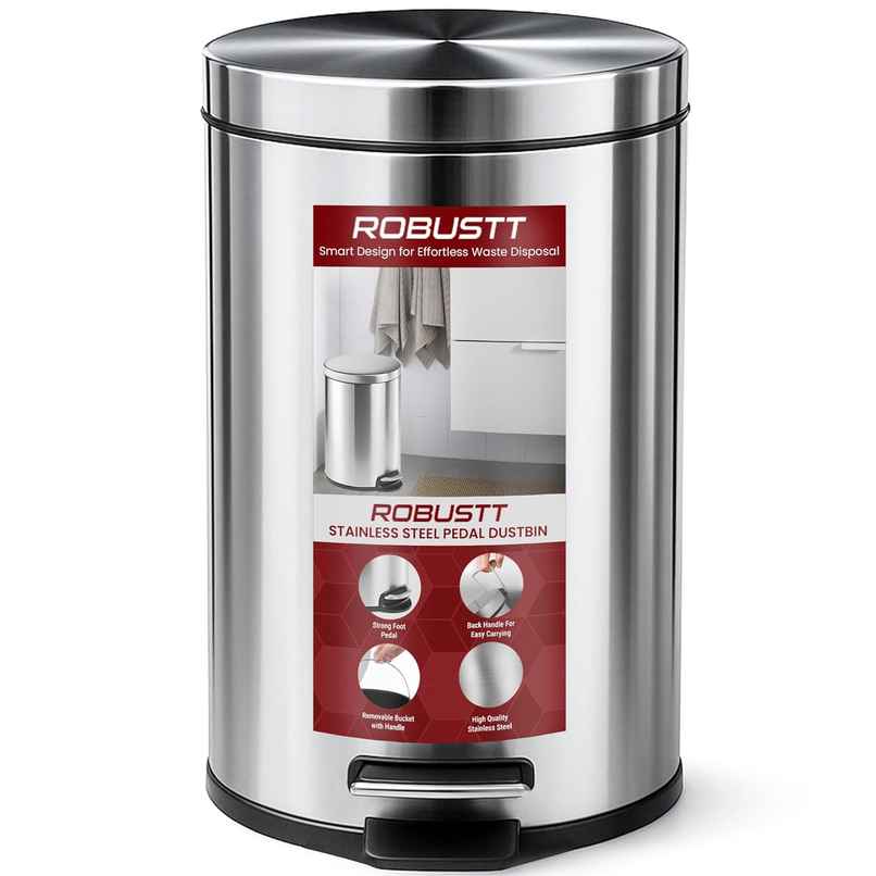 Robustt Stainless Steel Dustbin - 5 L | Silver Robustt Stainless Steel Dustbin - 5 L | Silver