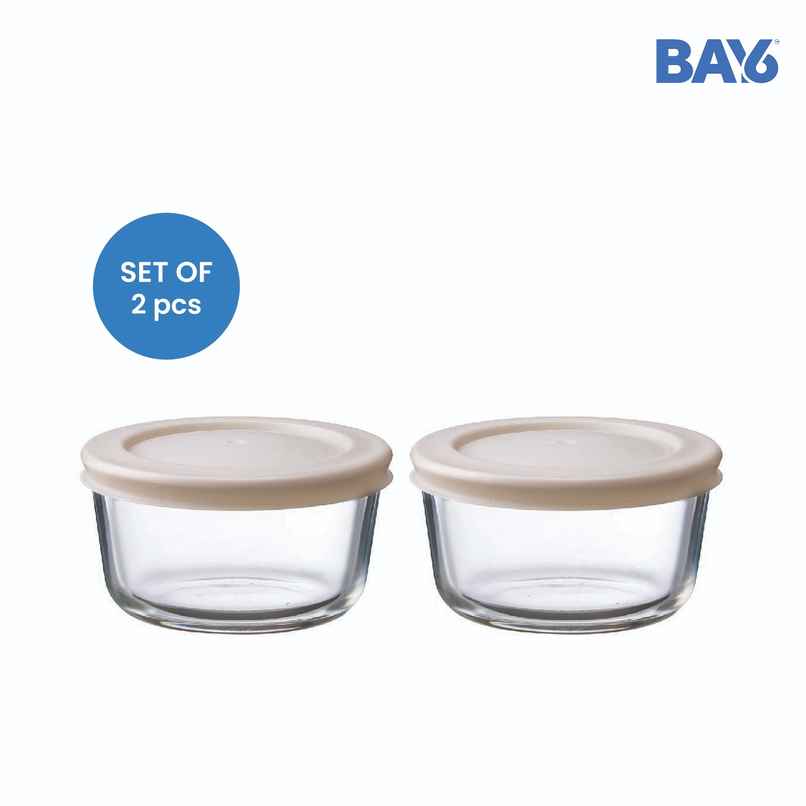 BAY6 Premium Imported Borosilicate Glass Container with Lid -472 ml - Round - Set of 2 - Beige