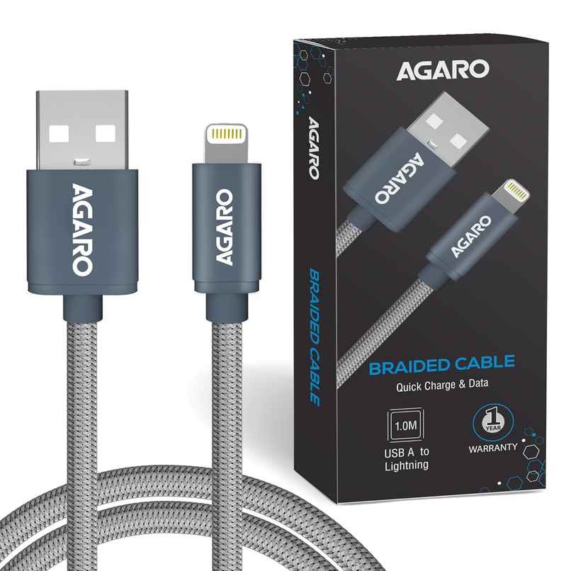 AGARO Blaze USB to Lightning Nylon Braided cable 1M - Grey