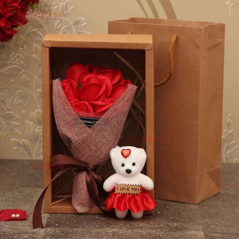 Tied Ribbons Artificial Red Rose Bouquet & Teddy