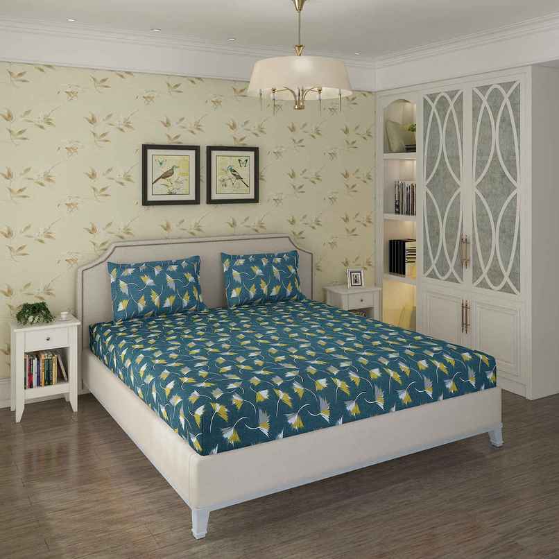 Status Double Microfibre Floral Bedsheet | Teal | 87 x 94 in