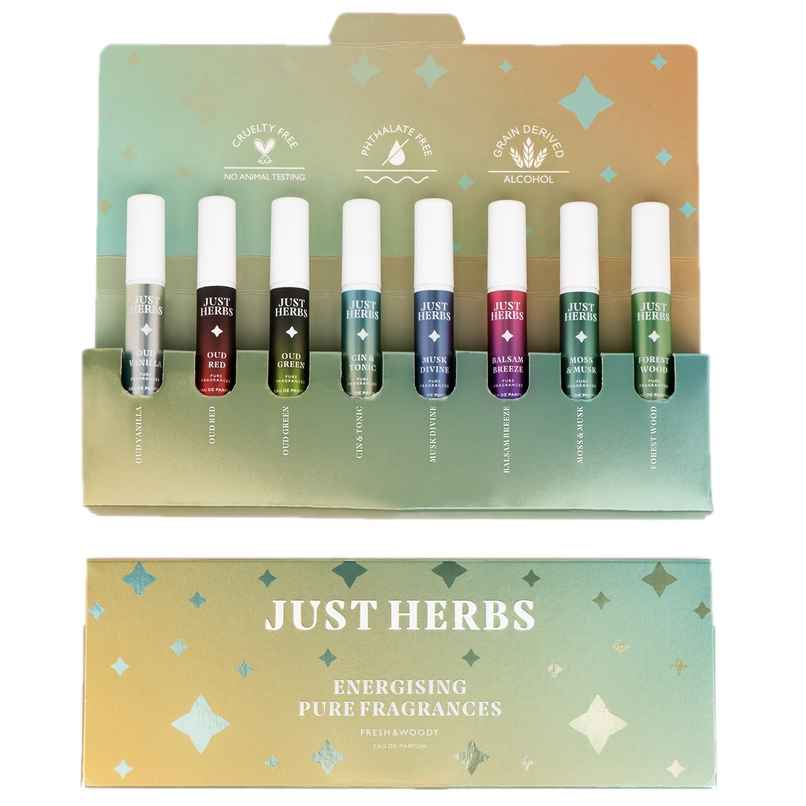 Just Herbs Energising Unisex Pure Fragrances Fresh & Woody Eau De Parfum | Set of 8