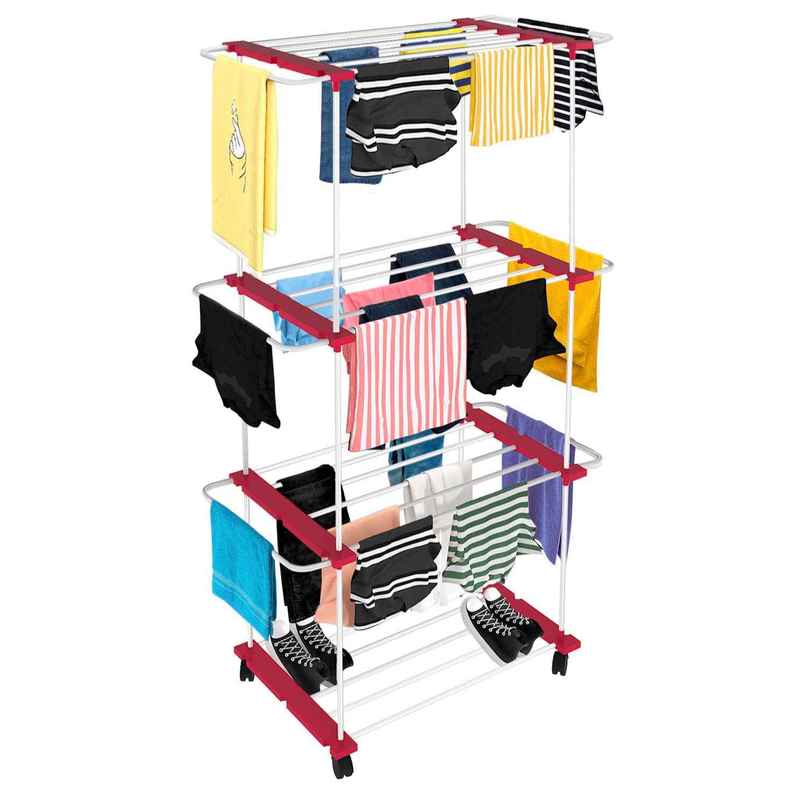 The Next Trend Trixy Clothes Drying Stand | Carbon Steel Cloth Drying Racks with U-Bars & Wheels | 3 Layer